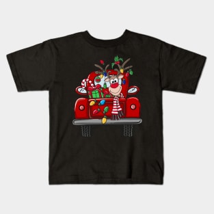 Santa and Rudolph Lighted Red Truck Christmas Yard Art 2 Kids T-Shirt